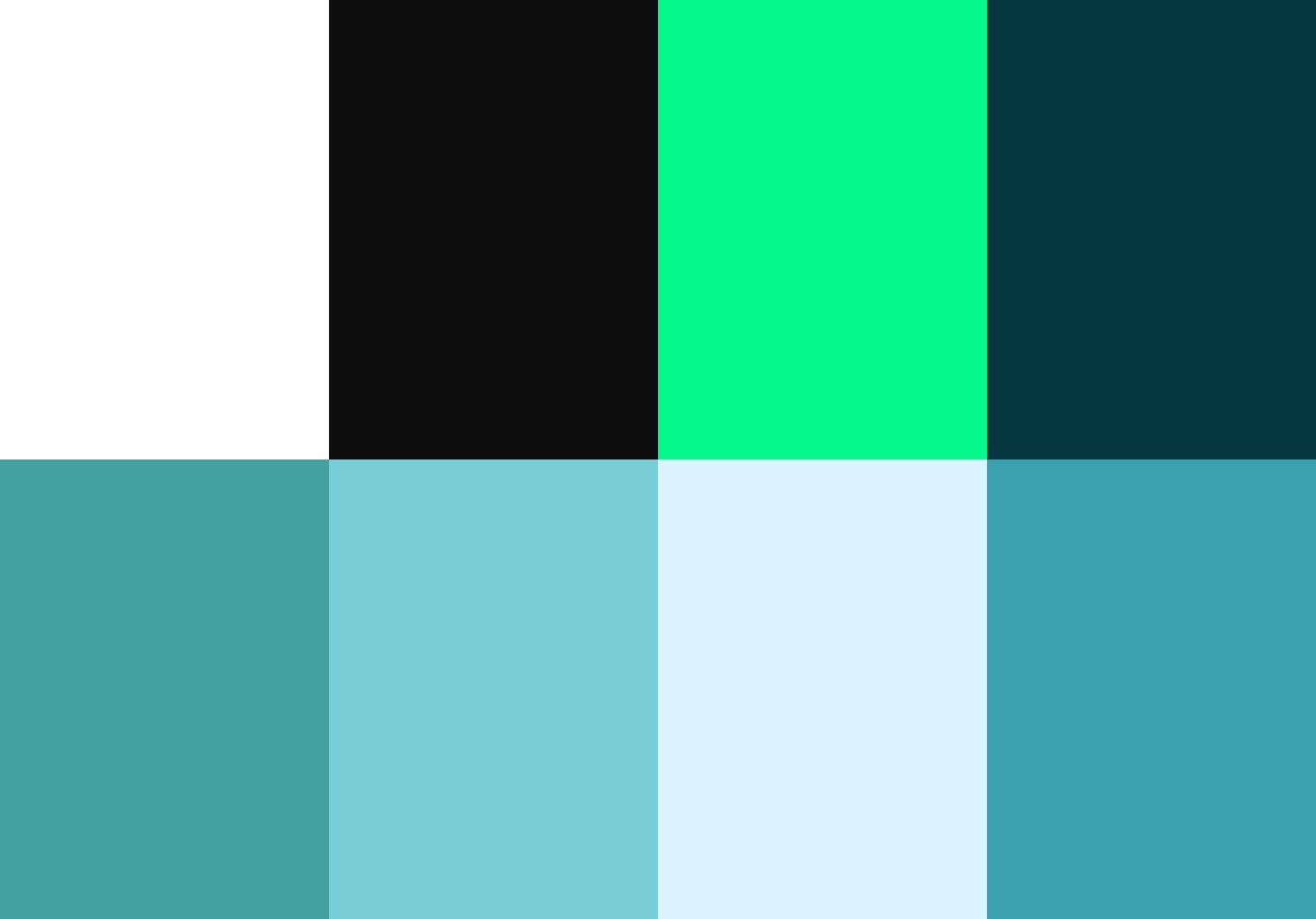 Colour palette: Neon Green #06F88A, Deep Teal #053541