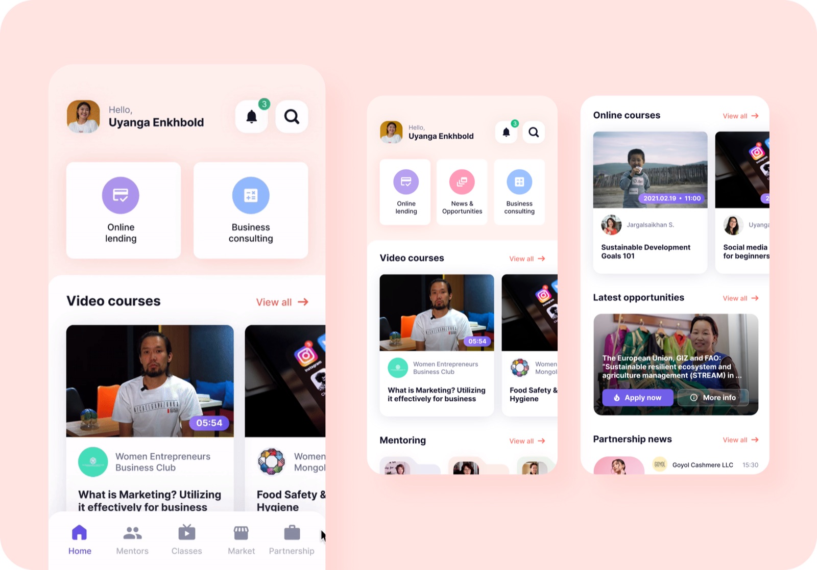 The home screen: video courses, mentors, online classes and opportunities in one feed. Designed in Mongolian in 2021, shown here in English.